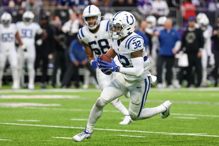 Dec 17, 2022; Minneapolis, Minnesota, USA; Indianapolis Colts safety Julian Blackmon (32) makes an interception against the Minnesota Vikings during the second quarter at U.S. Bank Stadium. Mandatory Credit: Matt Krohn-USA TODAY Sports